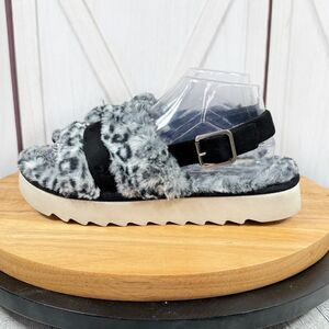 Koolaburra by Ugg Fuzz’d Out Faux Fur Sandals Black Grey 9 Cheetah‎ Slingback
